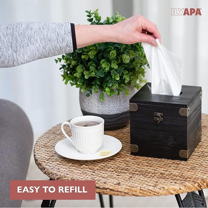 Ilyapa 5 x 6 Rustic Tissue Box Holder - Hinged Lid Tissue Dispenser for Bathroom Living Room Bedroom - Black Weathered Wood