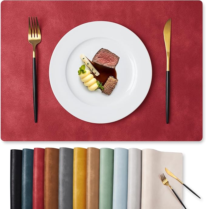 MOSAYT Vinyl Placemats Set of 6-12 X 17 Inch - Faux Leather 100% Waterproof Oil-Proof Wipeable PU Place Mats, Heat Resistant Reversible Table Mats for Kitchen, Dining, Outdoor (Red)