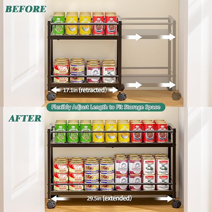 2 Pack 2-Tier Expandable Rolling Pantry Cart with Wheels, Adjustable Floor Organizer for Kitchen Pantry, Can Organizer for Pantry, Storage Cart for Snack, Food, Vegetables, Black, Patent Pending