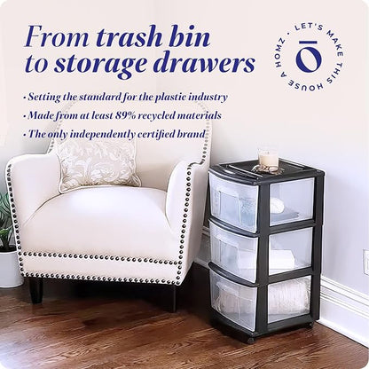 HOMZ 3-Drawer Storage Cart, Plastic Home and Office Organizer, Black Frame