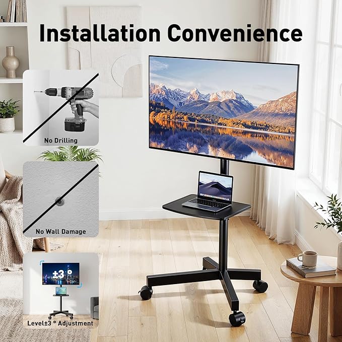 PERLESMITH Rolling TV Stand for 23-63 Inch Flat/Curved Screen TVs up to 88 lbs, Mobile TV Stand on Wheels, Portable TV Stand with Tilt & Height Adjustable,Outdoor TV Stand Max VESA 400x400mm PSTVMC10