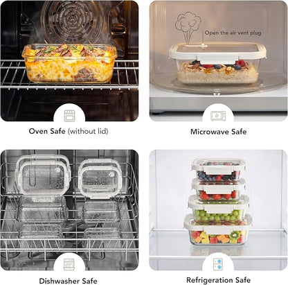 GENICOOOK Glass Fruit Storage Containers for Fridge with Glass Lids, 4 Pack Borosilicate Produce & Meal Prep Containers, Airtight BPA Free Fridge Organizer Containers