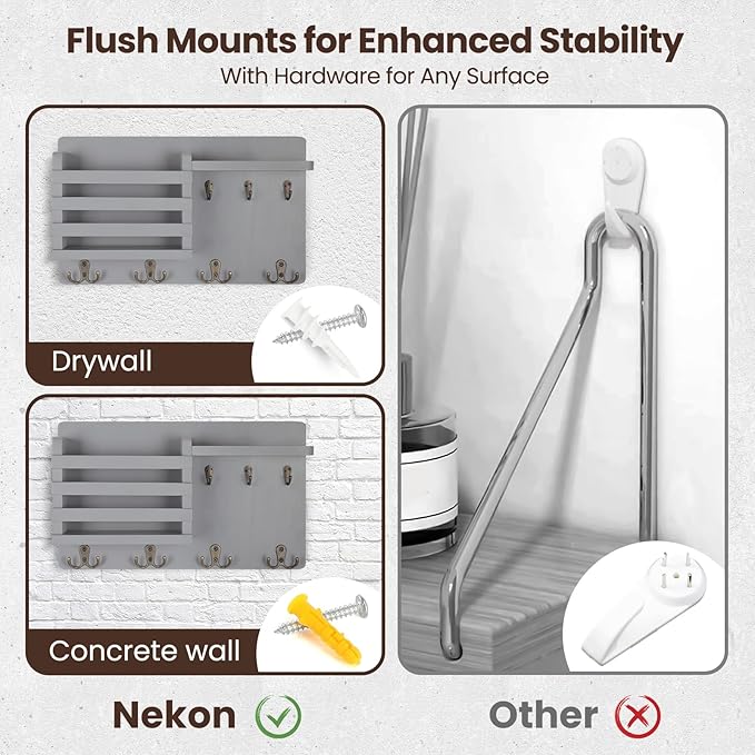 Nekon Mail Holder for Wall Mail Organizer with Key Hooks Hallway Farmhouse Decor Storage Racks with Floating Shelf and Flush Mount Hardware (16.8Inch x 10Inch x 3.2Inch) (Gray)