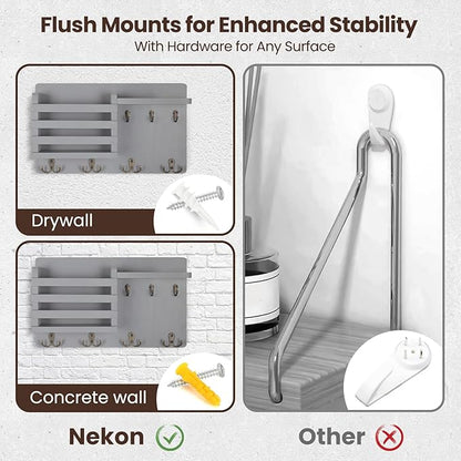 Nekon Mail Holder for Wall Mail Organizer with Key Hooks Hallway Farmhouse Decor Storage Racks with Floating Shelf and Flush Mount Hardware (16.8Inch x 10Inch x 3.2Inch) (Gray)