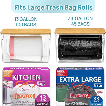 Vtopmart 2 Pack Trash Bag Holder with Bamboo Lid, Stackable Garbage Bag Dispenser for 13/30/33 Gallon Bags, Clear Organizer Bins for Under Kitchen Sink, Laundry Room Organization and Storage