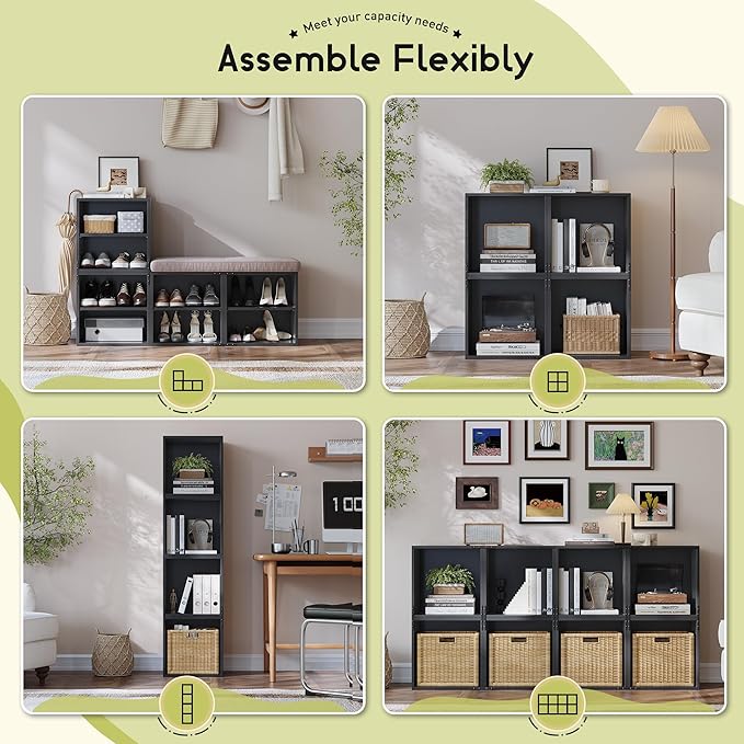 DIY Cube Storage Organizer, Stackable Display Bookcase with Anti-Tip Design, Cube Book Shelf for Bedroom, Office, Dorm, 4 Storage Cube, Black