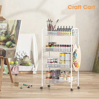 TOOLF 4-Tier Rolling Cart, Metal Utility Cart with 3 Hooks, Easy Assemble Mobile Storage Trolley On Wheels, Metal Shelving Units Kitchen Bathroom Laundry Room