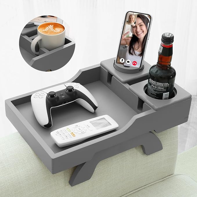 GHKINMAL Couch Cup Holder, 4-in-1 Side Couch Arm Tray with Phone Holder, Sofa Clip on Side Table for Wide Couches Arm, Suitable for Home Drinks/Remote/Snacks-Grey