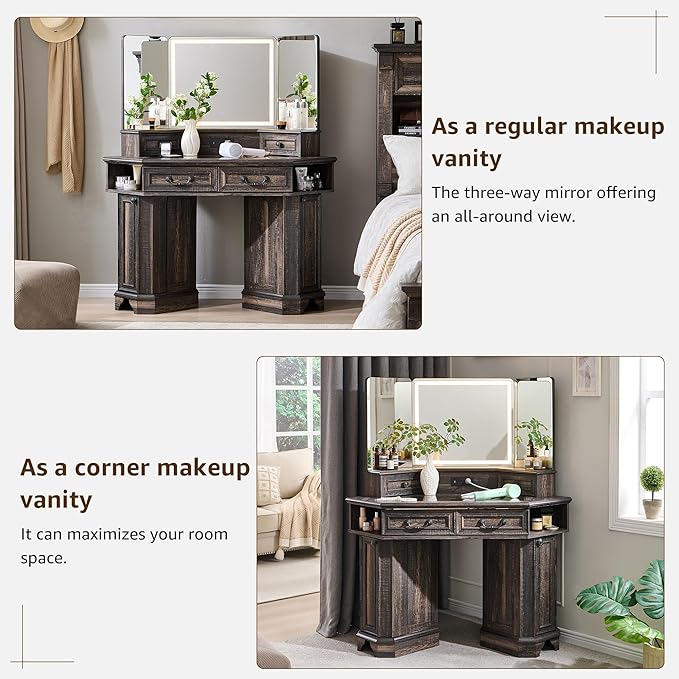 T4TREAM Makeup Vanity Desk 48" with 3 Way Mirror and Lights, Large Farmhouse Corner Vanity Dressing Table with Glass Top & Charging Station, 3 Drawers & 2 Storage Cabinets, Dark Rustic Oak