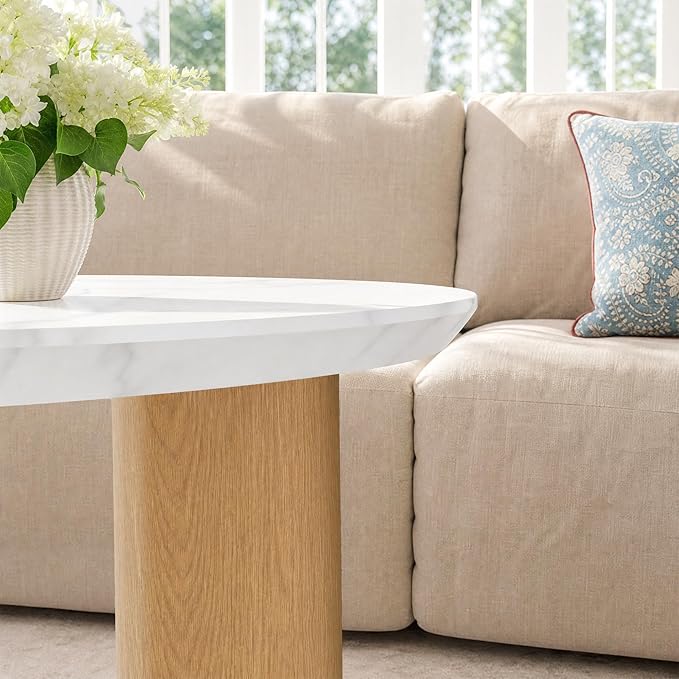 Yechen Nesting Coffee Table Set of 2, Mid Century Modern Coffee Table with Faux Marble Top, Round Tea Table and End Table Set, Minimalist Center Tables for Living Room, Office, or Apartment