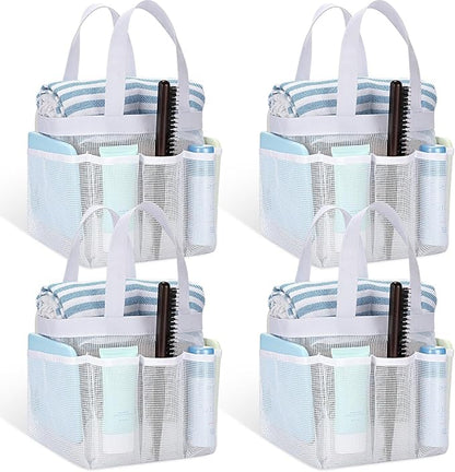 Hillban 4 Pcs Mesh Shower Caddy Portable Shower Caddy for Dorm Beach Mesh Bags with Deeper 8 Pockets and Handles Showers Caddies Basket for Women College Room Vacation(White)