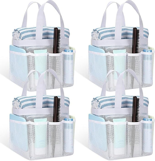 Hillban 4 Pcs Mesh Shower Caddy Portable Shower Caddy for Dorm Beach Mesh Bags with Deeper 8 Pockets and Handles Showers Caddies Basket for Women College Room Vacation(White)