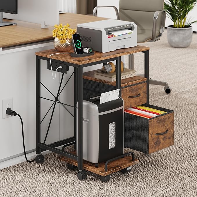 YAOHUOO Printer Stand with Power Outlet/Fabric Drawers, Printer Cabinet with Storage Shelf and Rolling Shredder Stand, Printer Table for Home Office, 22.8"×15" Rustic Brown