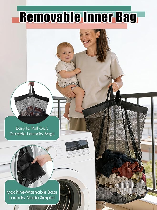 WTREE Laundry Hamper with Lid, Reinforced Sturdy Clothes Hamper with Anti-Puncture Base, Large Collapsible Laundry Basket with Removable Liner Bag, Tall Dirty Clothes Bin for Family, 100L Black