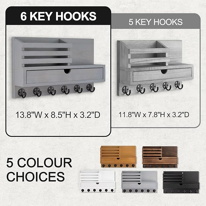 Key Holder Wall Mount, Mail Holder with Storage Drawer and 6 Key Hooks for Coat, Dog Leash, Home Decor Rack, House Accessories, Entry Way Organizer
