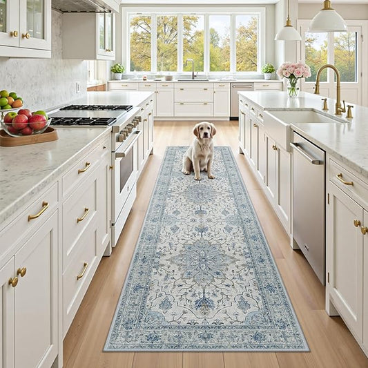 RELEANY Area Rugs Runner 2'x7' Washable Non-Slip, Floral Vintage Distress Medallion Carpet for Kitchen Hallway Bedroom Beside Laundry Room Bathroom, Light Blue Navy Gray White