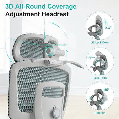 Ergonomic Office Chair with Lumbar Support,Headrest, and6D Armrests - Mesh Computer Chair with Coat Hook-500 lbsWeight Capacity - Extra-Wide Seat- High-Back Office Chair, Blue