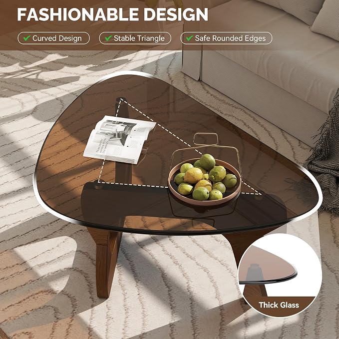 Modern Glass Coffee Table, Triangle Center Table with Tempered Glass Top& Unique Wooden Base, 35.5” Mid Century Tea Tables for Living Room, Apartment, Office,Walnut & Brown