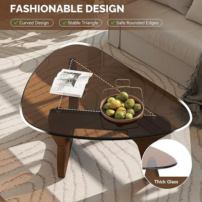 Modern Glass Coffee Table, Triangle Center Table with Tempered Glass Top& Unique Wooden Base, 31.5” Mid Century Tea Tables for Living Room, Apartment, Office,Walnut & Brown