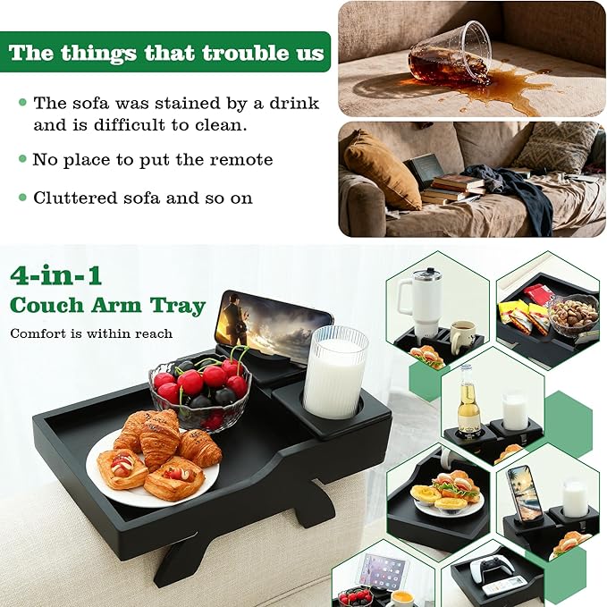 GHKINMAL Couch Cup Holder Tray, 15.4"x9.9" Large 4 in 1 Couch Arm Tray with 360°Rotated Phone Holder, Non-Slip Clip on Side Table for Drinks/Remote/Snacks, Ideal Gift for Husband, Wife, Parents