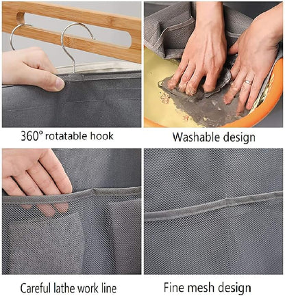Closet Hanging Organizer with Mesh Pockets & Rotating Metal Hanger,Dual Sided Wall Shelf Wardrobe Storage Bags,Oxford Cloth Space Saver Bag for Bra Underwear Underpants Socks (gray)