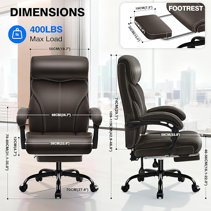 Office Chair - Ergonomic Comfortable High Back Computer Desk Chair with Foot Rest - Executive Breathable Swivel Rolling Reclining Leather Chair with Lumbar Support for Home Gaming Relaxing