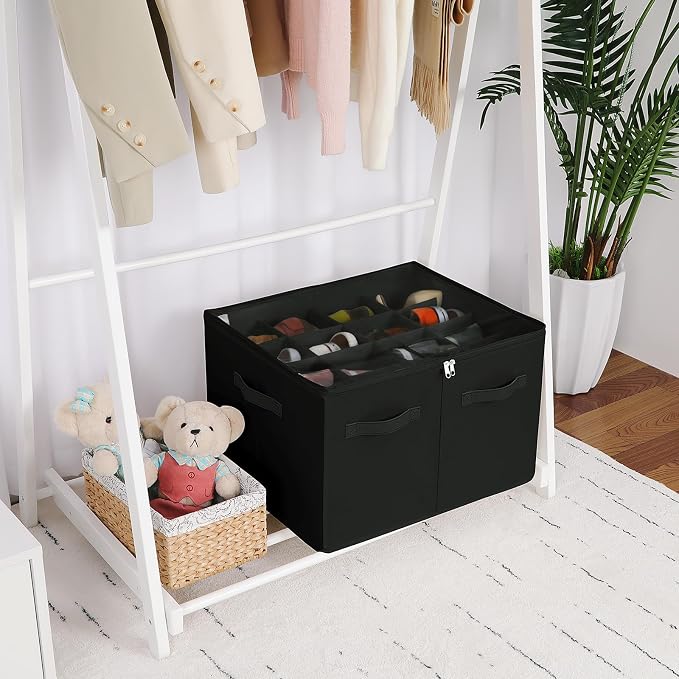TOPIA HOME Shoe Organizer for Closet 2 Pack, Foldable Shoe Box with Adjustable Dividers and Clear Cover, Space Saving Shoe Storage Organizer Cabinet with Reinforced Handles, Fits 32 Pairs, Black TP12B