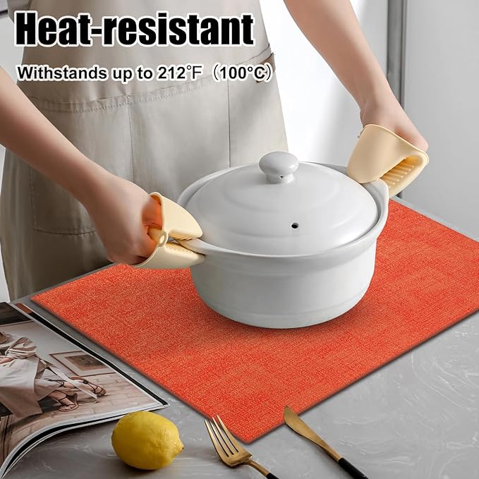 Homaxy Faux Leather Heat Resistant Placemats for Dining Table Set of 8, Waterproof Wipeable Washable PU Table Mats, Easy to Clean Anti-Slip Place Mats, 11.8" x 17", Orange