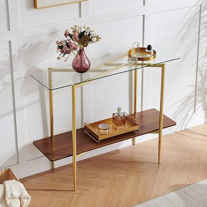 Rectangle Glass Console Table, Mid-Century Modern Design, L41*W14*H32 inch, for Living Room, Clear Glass Top and Walnut Finish Wood Shelf, Conical Metal Legs with Gold Finish