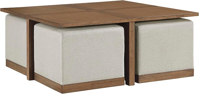 Lexicon 44" Square Coffee Table with 4 Upholstered Stools, Maple Veneer Wood Cocktail Table, Gray Upholstered Stools with Casters, Modern Living Room/Apartment Centerpiece, Full Assembled, Brown