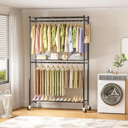 Rolling Clothes Rack for Hanging Clothes, 47.2"x 11.8"x 79" Large Capacity Garment Rack with Double Rods & 3 Wire Shelves, Portable Closet with Wheels for Bedroom, Laundry, Balcony (Black)