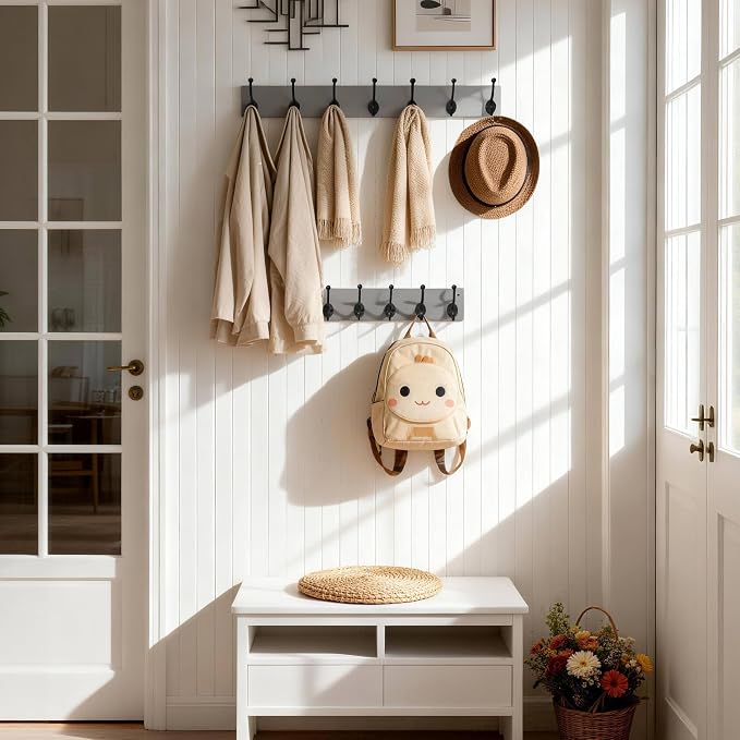 WEBI Rustic Coat Rack Wall Mount,30" Long 7 Cast Iron Coat Hooks Wall Mounted,Heavy Duty Wood Wall Coat Hanger Hooks for Hanging Coats,Jacket,Clothes,Backpack,Farmhouse,Gray