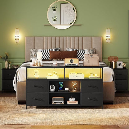 WLIVE TV Stand Dresser for 50,55,60 inch TV, Entertainment Center with LED Lights & Fabric Drawers, Dresser TV Stand for Bedroom and Living Room with Open Shelves, Black