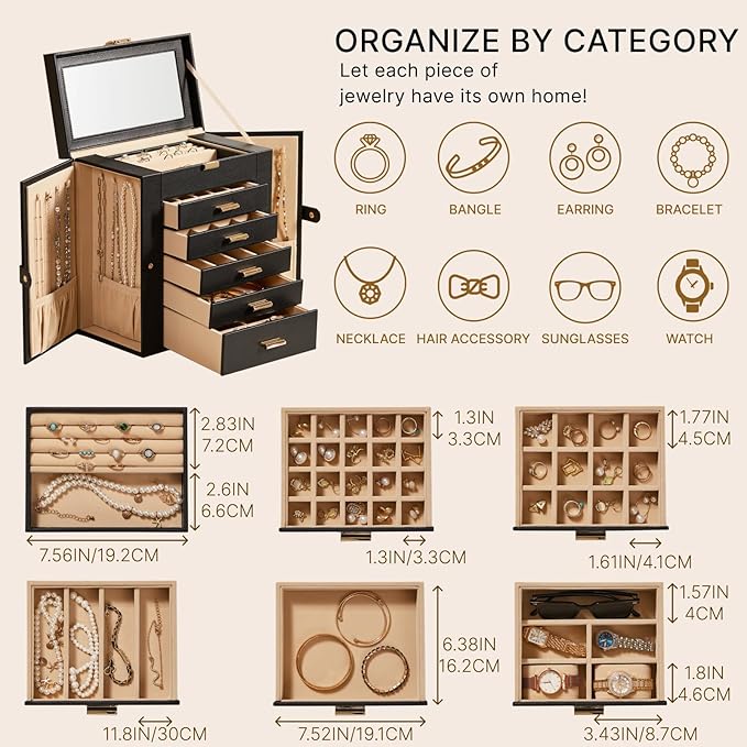 Large Leather Jewelry Box Organizer 6 layer Jewelry Storage Case for Women Girls Ring Necklace Earring Bracelet Holder with Mirror Christmas Gift(Black)