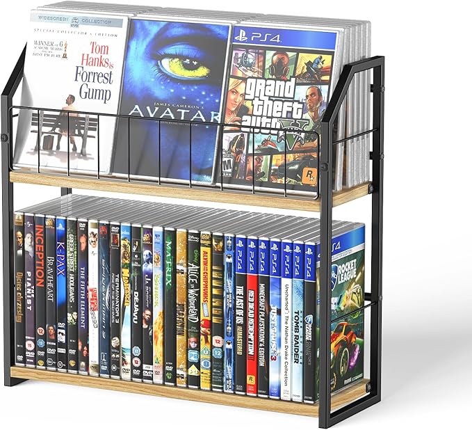 2-Tier DVD Storage Rack, DVD Shelf for Non-slip Feets, DVD Holder Display with 10lb Per Tier, Stores Up to 56 DVDs, Display Organizer Tower for Music Enthusiasts and Collection