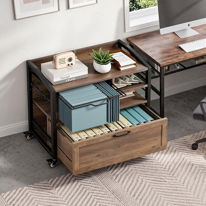 LVB Wood Lateral File Cabinet with Drawers, Rolling Filing Cabinet Under Desk for Home Office, Printer Stand with Storage Shelf,Hanging File Organizer for Legal/Letter Size, Rustic Oak, 33Inch