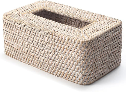 Rattan Tissue Box Cover Natural Woven Facial Napkin Holder Rectangular 10 x 6.1 x 4.1 Inch (White)