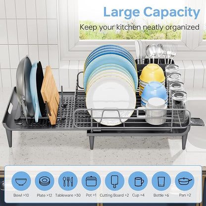 TOOLF Large Dish Drying Rack, Expandable Dish Rack for Kitchen Counter, Multifunctional Dish Drainer, Organization and Storage Essentials with Cup & Cutlery Holders, 16.7"-26.8" L x 12.6" W, Gray