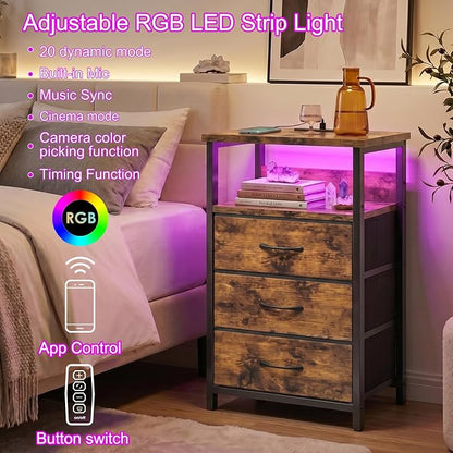 Fixwal Night Stand with Charging Station, LED Nightstand with Fabric Drawers, End Table with PU Finish, Bed Side Table, Rustic Brown