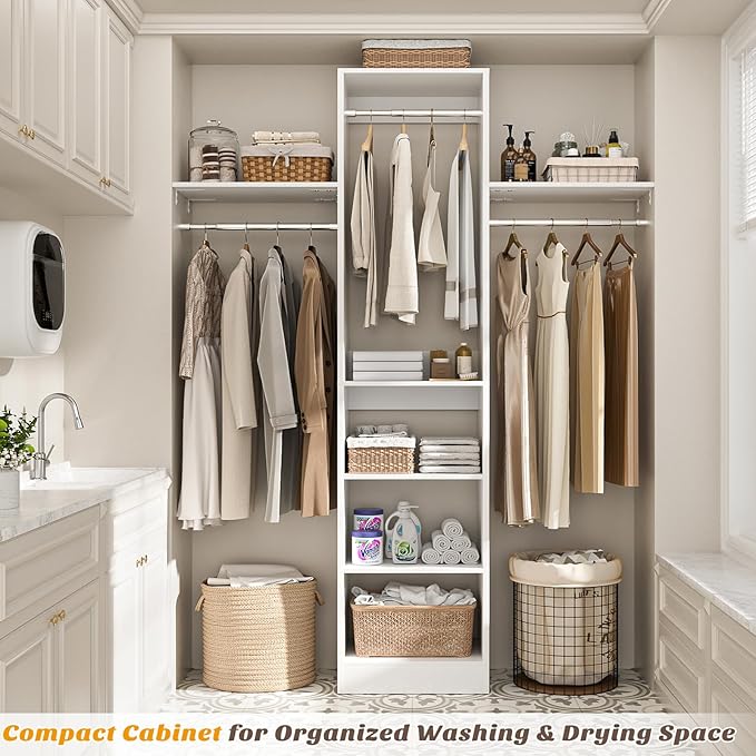 Cyclysio 4FT Small Closet System, 80"H Closet Organizer System with 4 Closets Rods & 3 Shelves, 48" Closets Organizers and Storage for Small Bedrooms, Laundry Rooms, Cloakrooms, White