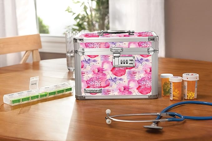 Vaultz Combination Lock Box - Secure Safe for Documents, Valuables, Medicine & Money - 10 x 7.25 x 7.75 Inch - Floral, Pink & Gray
