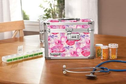 Vaultz Combination Lock Box - Secure Safe for Documents, Valuables, Medicine & Money - 10 x 7.25 x 7.75 Inch - Floral, Pink & Gray