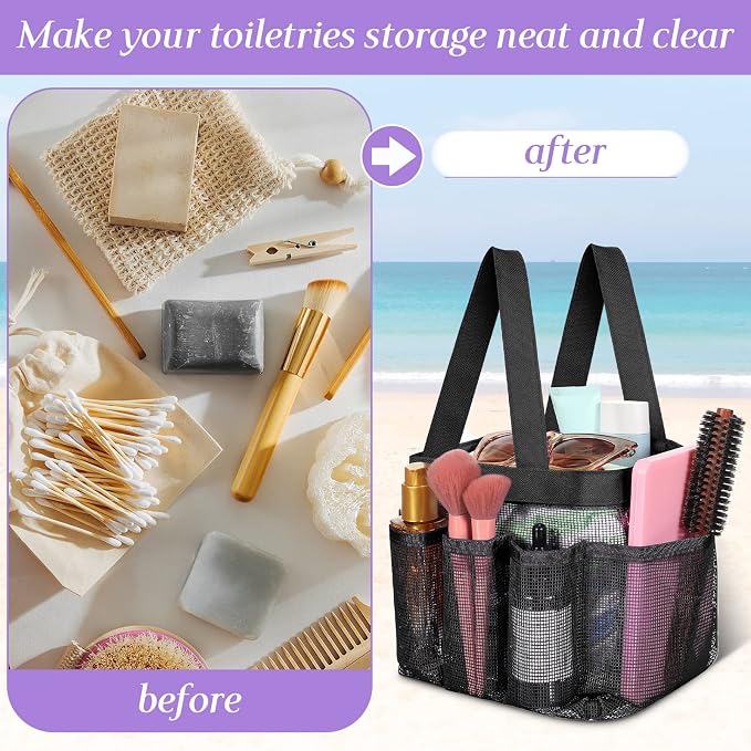 Hillban 4 Pcs Mesh Shower Caddy Portable Shower Caddy for Dorm Beach Mesh Bags with Deeper 8 Pockets and Handles Showers Caddies Basket for Women College Room Vacation(Blue, Purple, Black, Gray)
