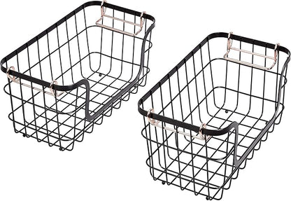 Amazon Basics Stackable Metal Wire Rectangular Storage Basket Set for Kitchen or Bathroom, 2 Count, Black