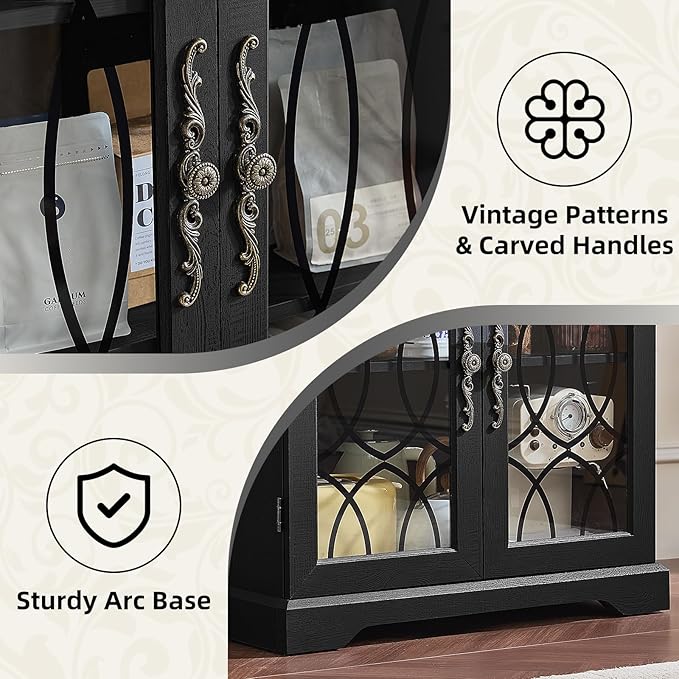 67" Tall Pantry Cabinet, Vintage Kitchen Pantries Cabinets with Glass Doors & Adjustable Shelves, Freestanding Wood Cupboard with Large Storage for Dingning Room, Bathroom, Black