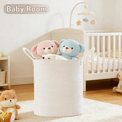 SunNewt Tall Laundry Basket with Handles, 88L Portable Dirty Clothes Hamper, Boho Cotton Rope Storage Bin for Blankets Kids Toys Gifts, Large Organizer for Baby Nursery Bedroom Bathroom, White