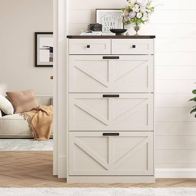 Shoe Cabinet with 3 Flip Drawers & 2 Drawers,Freestanding Shoe Storage Cabinet for Entryway,Farmhouse Narrow Slim Organizer Rack for Foyer,Hallway,White