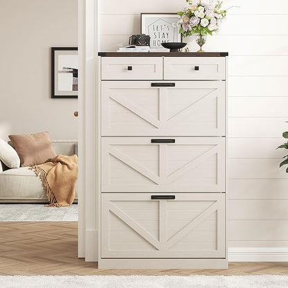 Shoe Cabinet with 3 Flip Drawers & 2 Drawers,Freestanding Shoe Storage Cabinet for Entryway,Farmhouse Narrow Slim Organizer Rack for Foyer,Hallway,White