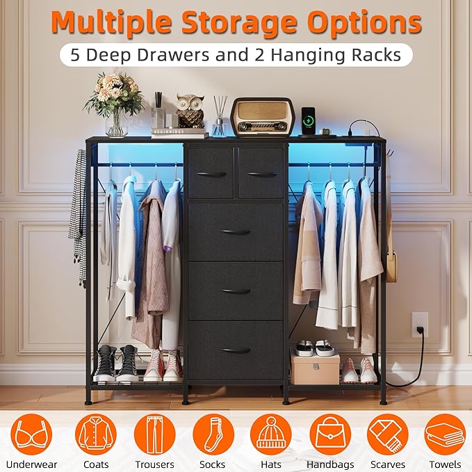 49.2”W Dresser with 2 Hanging Racks, 5 Drawers Dresser with LED Lights & Charging Station, Dressers with Clothes Rack, Shoe Racks and Side Hooks, TV Stand Chest of Drawers for Bedroom, Black