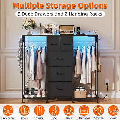 49.2”W Dresser with 2 Hanging Racks, 5 Drawers Dresser with LED Lights & Charging Station, Dressers with Clothes Rack, Shoe Racks and Side Hooks, TV Stand Chest of Drawers for Bedroom, Black